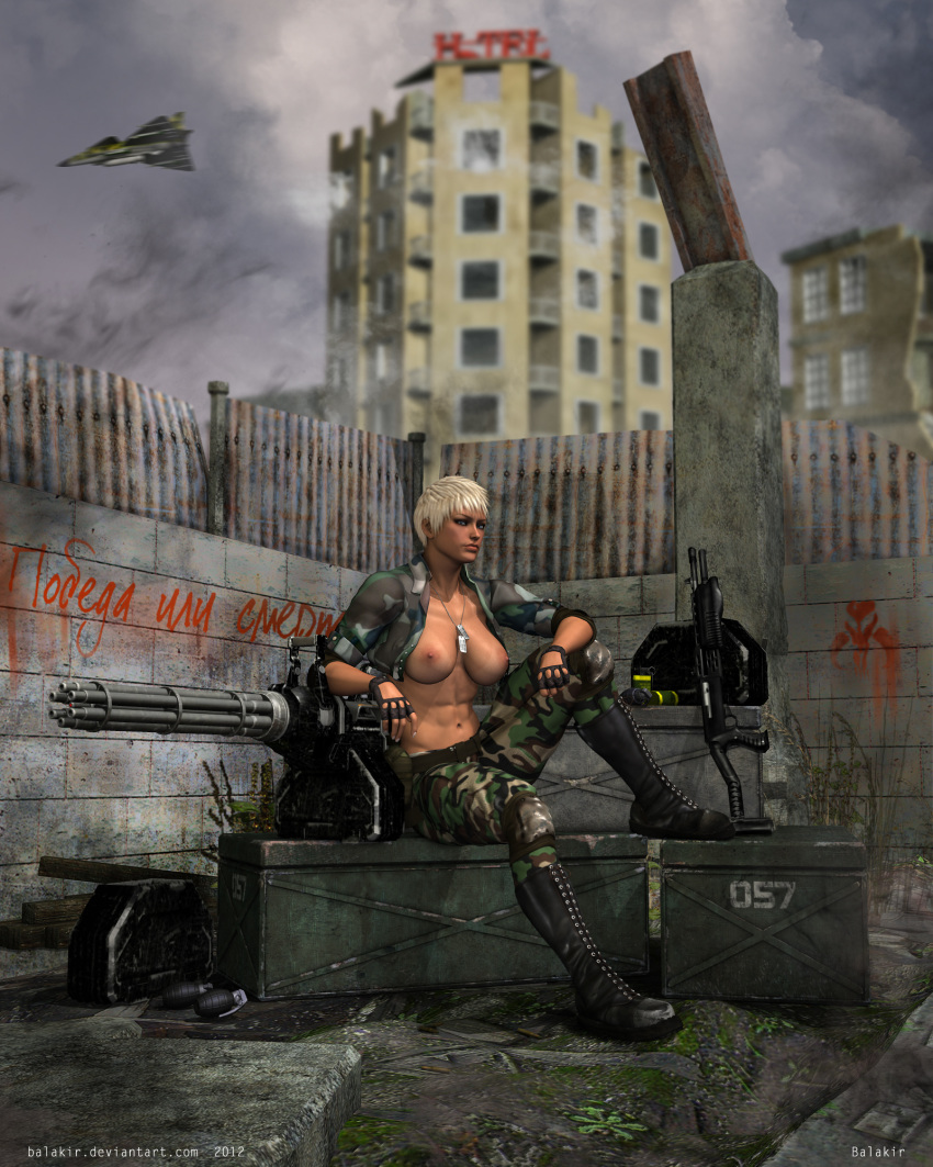 1girls 3d abs aircraft artist_name balakir big_breasts black_gloves blonde_hair boots breasts busty curvy detailed_background erect_nipple erect_nipples eyelashes female female_only fingerless_gloves front_view gatling_gun gloves grenade gun half-dressed half_dressed hourglass_figure human looking_at_viewer military muscles muscular muscular_female necklace no_bra open_vest original_character outdoors outside pants pose posing shadow short_hair shotgun sitting solo spread_legs spreading vest voluptuous wide_hips yellow_hair