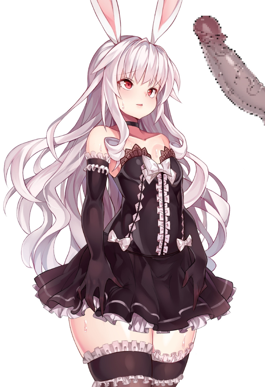 1boy animal_ears black_dress black_gloves black_legwear bunny_ears censored choker commentary_request ddg160 dress elbow_gloves elin_(tera) erection female garters gloves highres korean_commentary long_hair mosaic_censoring penis red_eyes short_dress silver_hair simple_background tera_online thighhighs very_long_hair white_background zettai_ryouiki