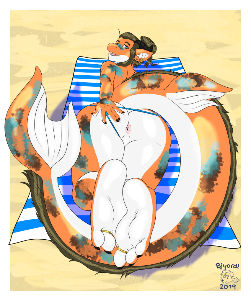 2019 3_toes amur_carp anthro anus ass beach big_butt bjyord carp claws clothing clothing_aside cyprinid cypriniform digital_media_(artwork) dragon ear_piercing ear_ring eyebrow_piercing facial_piercing feet fish foot_focus girly hair hi_res horn hybrid jewelry koi looking_at_viewer lying male male_only marine on_front one_eye_closed outside piercing presenting presenting_anus presenting_hindquarters ring scalie seaside soles solo spreading swimwear swimwear_aside thick_thighs thong toe_claws toe_ring toes towel typical_carp watermark wide_hips