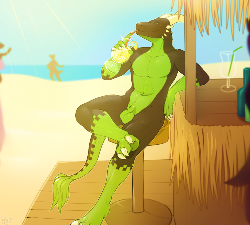 animal_genitalia anthro balls beach beverage casual_nudity dragon fully_sheathed horn male nude outside pig_(artist) seaside sheath smile solo_focus tegon