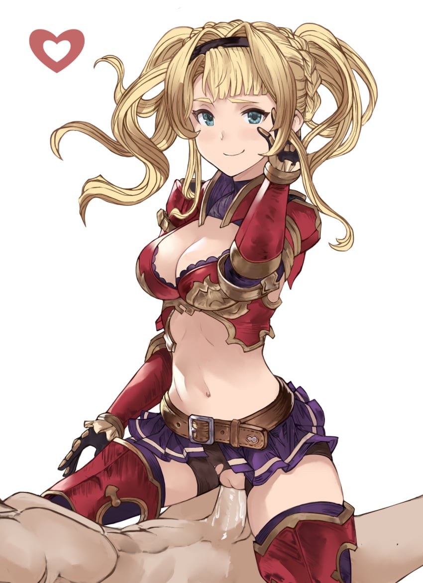 1boy armor armored_boots bangs belt bike_shorts bikini_armor black_bra black_hairband blonde_hair blue_eyes blunt_bangs blush boots bra bra_peek braid breasts brown_belt cleavage clothed_female_nude_male commentary cowboy_shot cowgirl_position cum female gauntlets granblue_fantasy groin hair_intakes hair_ornament hairband hand_on_own_cheek hand_on_own_face hand_up heart highres iiros large_breasts long_hair looking_at_viewer midriff miniskirt navel nude penis pleated_skirt purple_legwear purple_skirt purple_sleeves pussy red_armor sex sex_in_skirt shorts shorts_under_skirt shoulder_armor shrug_(clothing) sidelocks simple_background skindentation skirt smile solo_focus straddling thighhighs torn_bike_shorts torn_clothes twintails underwear vaginal_penetration white_background zeta_(granblue_fantasy) zettai_ryouiki