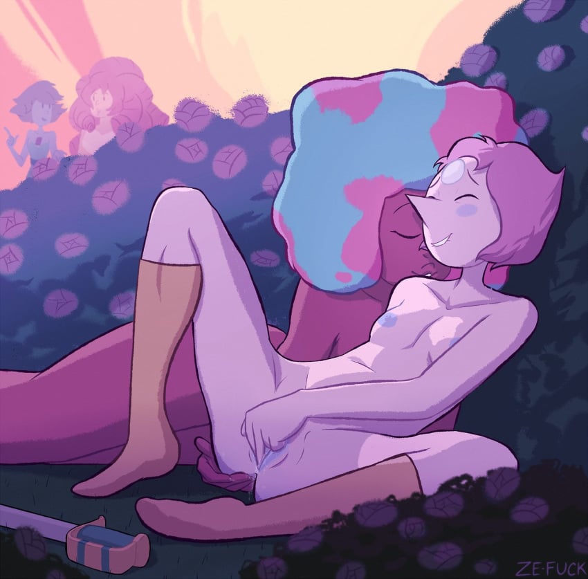 afro anal_fingering big_hips blue_hair blush brown_skin cartoon_network closed_eyes female female/female female_only fingering_partner fingering_pussy fingering_self garnet_(steven_universe) gem_(species) gem_fusion hand_on_ass hand_on_pussy lapis_lazuli_(steven_universe) lesbian_sex lying masturbation nipples nude_female open_legs orange_hair outdoor pearl_(gem) pearl_(steven_universe) pink_hair plants pussy pussy_juice romantic rose_bush rose_quartz_(steven_universe) short_hair skinny small_breasts smiling steven_universe sword thick_lips thick_thighs thighs watermark wet_anus wet_pussy white_skin yellow_stockings yuri ze-plush