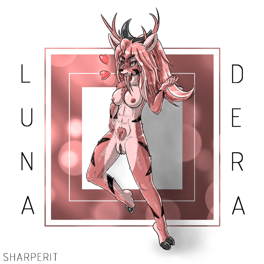 1:1 anthro breasts cervid equid equine female hair hi_res line_art love lunadera mammal nude pink_hair pussy shaded sharperit solo