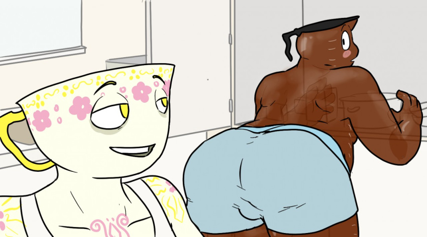 animate_inanimate anthro ass blush boxers coffee coffee_cup cup cuphead_(game) duo male male_only prurientpie teacup topless underwear