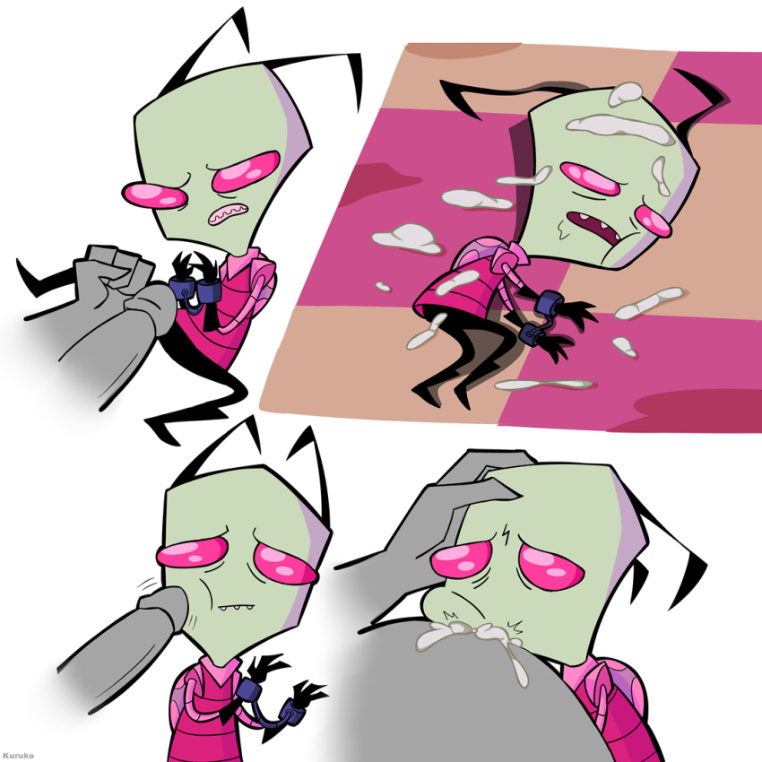 2boys alien cum cum_in_mouth cum_on_body depressed fellatio gay handcuffs invader_zim irken kuruko male male/male male_only penis sad smooth_skin zim