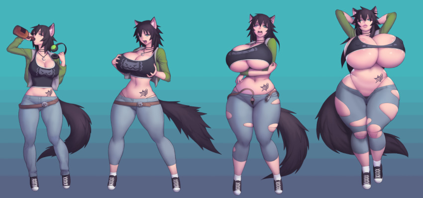 1girls arisa_(sukkurokun) ass_expansion big_breasts breast_expansion breasts bursting_breasts character_sheet clothing expansion female female_only hair huge_breasts kruth666 pants shirt shoes sneakers solo sukkurokun thick_thighs tight_clothing torn_clothes wide_hips wolf_ears wolf_girl wolf_tail