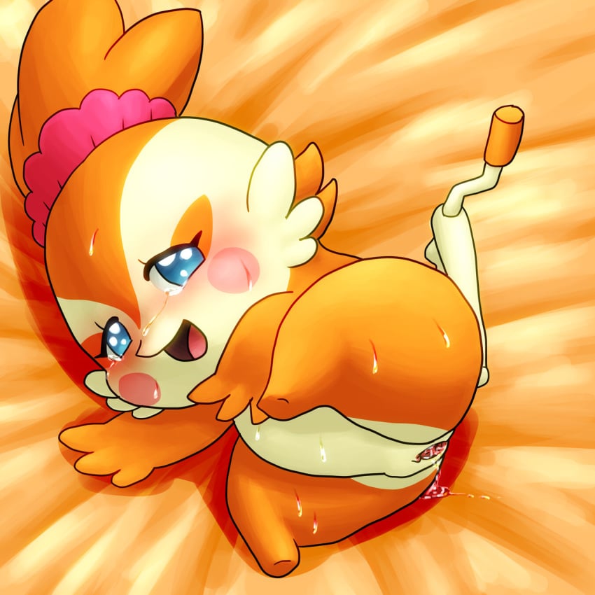 1:1 anthro anus bed_sheet bedding blue_eyes blush bodily_fluids cocotama crying eyelashes featureless_limbs female fur hi_res himitsu_no_cocotama lying mammal multicolored_fur nude orange_fur perineum presenting pussy solo suei_(cocotama) sweat tan_fur tears two_tone_fur 九尾