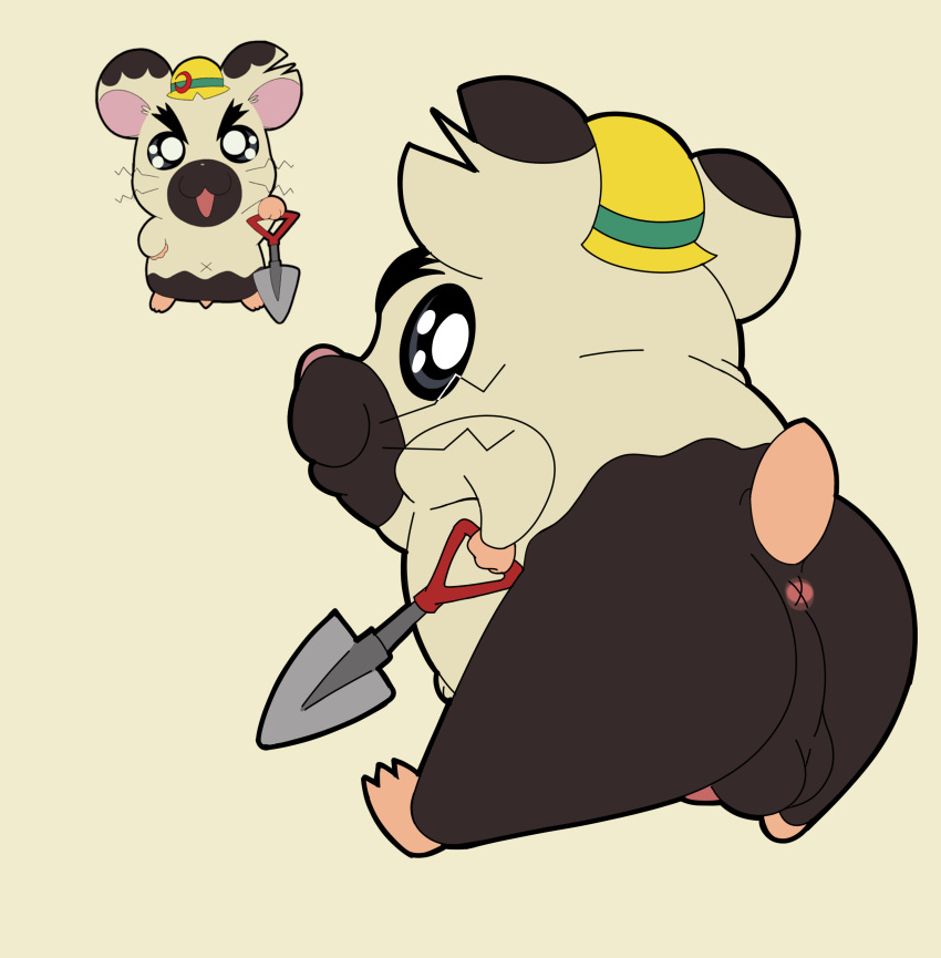 absurd_res anus balls bob-jiggles boss_(hamtaro) clothing cricetid fur furry hamster hamtaro_(series) hat headgear headwear hi_res looking_at_viewer male male_only mammal penis presenting raised_tail rodent semi-anthro shovel solo tools whiskers