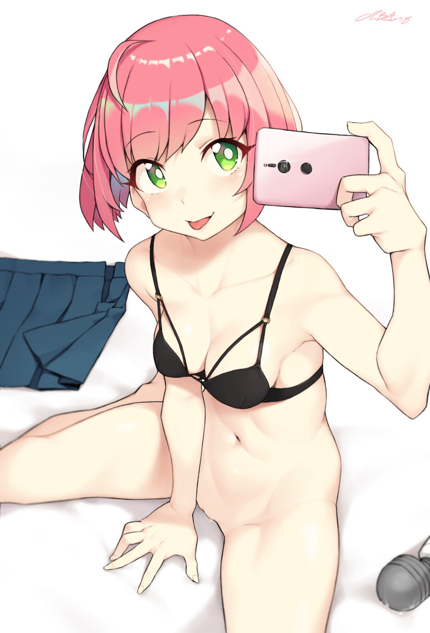 1girls 2d bottomless bra cleavage cloba female female_only green_eyes hitachi_magic_wand medium_breasts pink_hair pussy pussy_juice selfie uncensored vibrator