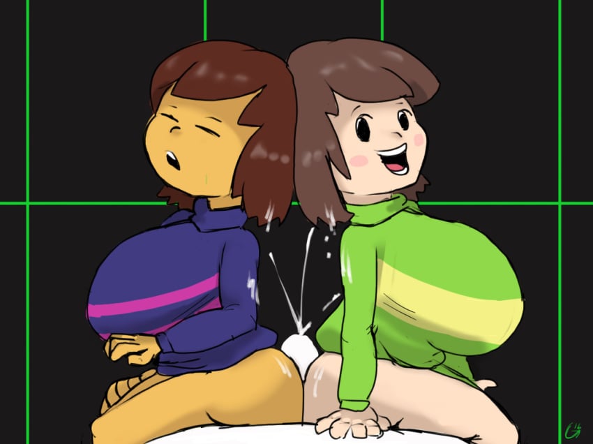 1boy 2girls alternate_breast_size anthro asriel_dreemurr big_ass breasts buttjob chara cum cum_on_clothes cum_on_hair double_buttjob female female_chara female_frisk female_human frisk furry goat godalmite human interspecies legs long_hair male male_anthro male_pov penis pov source_request straight teamwork text undertale video_games watermark