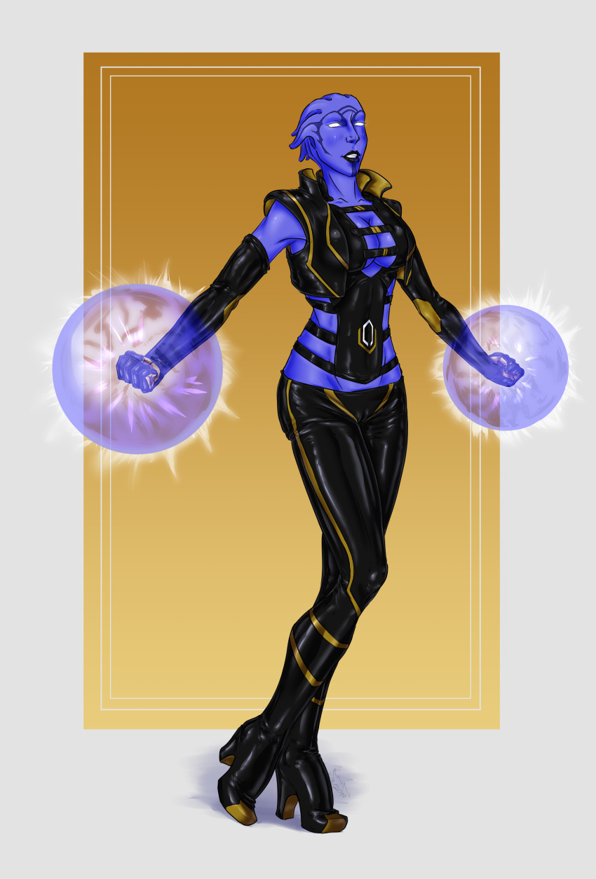 alien alternate_costume aria_t'loak asari blue_skin blush breasts cleavage corruption evil_smile female_only femsub gloves glowing glowing_eyes high_heels large_breasts latex mass_effect opera_gloves polmanning rotem_dishon simple_background smile solo tattoo tech_control whitewash_eyes