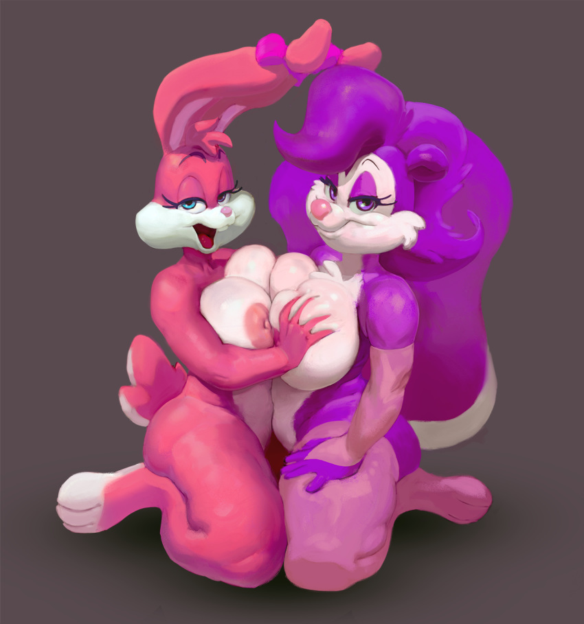 2girls anthro babs_bunny bedroom_eyes blue_eyes breast_grab breast_press breast_squish breasts breasts_frottage female fifi_la_fume flo_(artist) looney_tunes multiple_girls nipples open_mouth pink_fur pink_nose purple_eyes purple_fur purple_hair tiny_toon_adventures warner_brothers white_fur