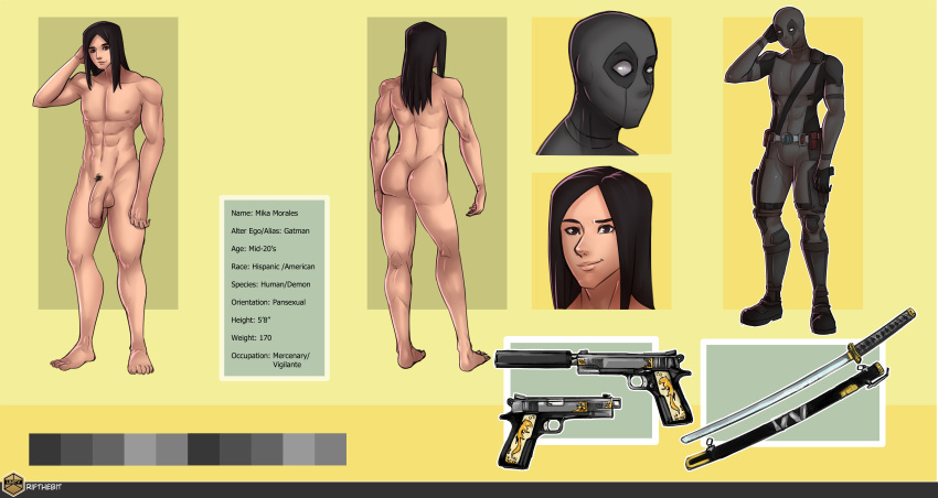 abs absurd_res balls black_hair brown_eyes circumcised flaccid gatman gun hair hand_behind_head handgun hi_res human invalid_tag katana large_penis long_hair male mammal melee_weapon mika_morales model_sheet muscular muscular_male nude penis pistol pubes ranged_weapon rifthebit solo superhero sword unitypressdigital weapon