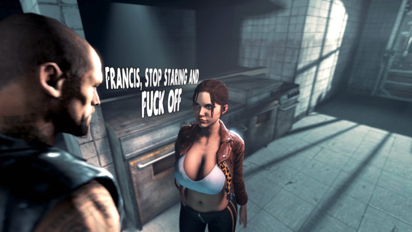 annoyed annoyed_expression big_breasts big_breasts confrontation female francis francis_(left_4_dead) juxtasuperposition left_4_dead left_4_dead_2 male staring staring_at_breasts zoey_(left_4_dead)