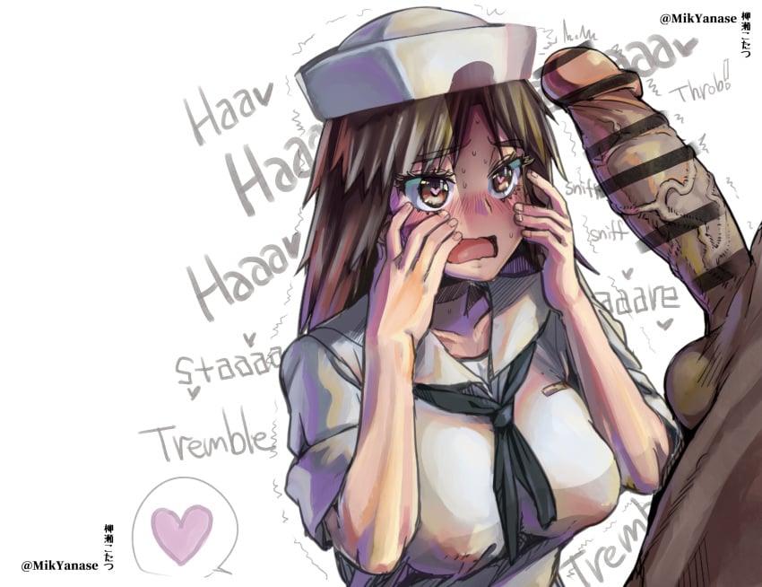 1boy artist_name black_neckwear blush breasts brown_eyes brown_hair censored covered_nipples dark-skinned_male dress eyebrows_visible_through_hair female girls_und_panzer hat heart heart-shaped_pupils highres large_breasts large_penis looking_at_penis mik_yanase murakami_(girls_und_panzer) neckerchief open_mouth penis penis_awe sailor_dress shirt simple_background smelling_penis speech_bubble symbol-shaped_pupils tongue trembling trembling_penis wavy_mouth white_background white_shirt