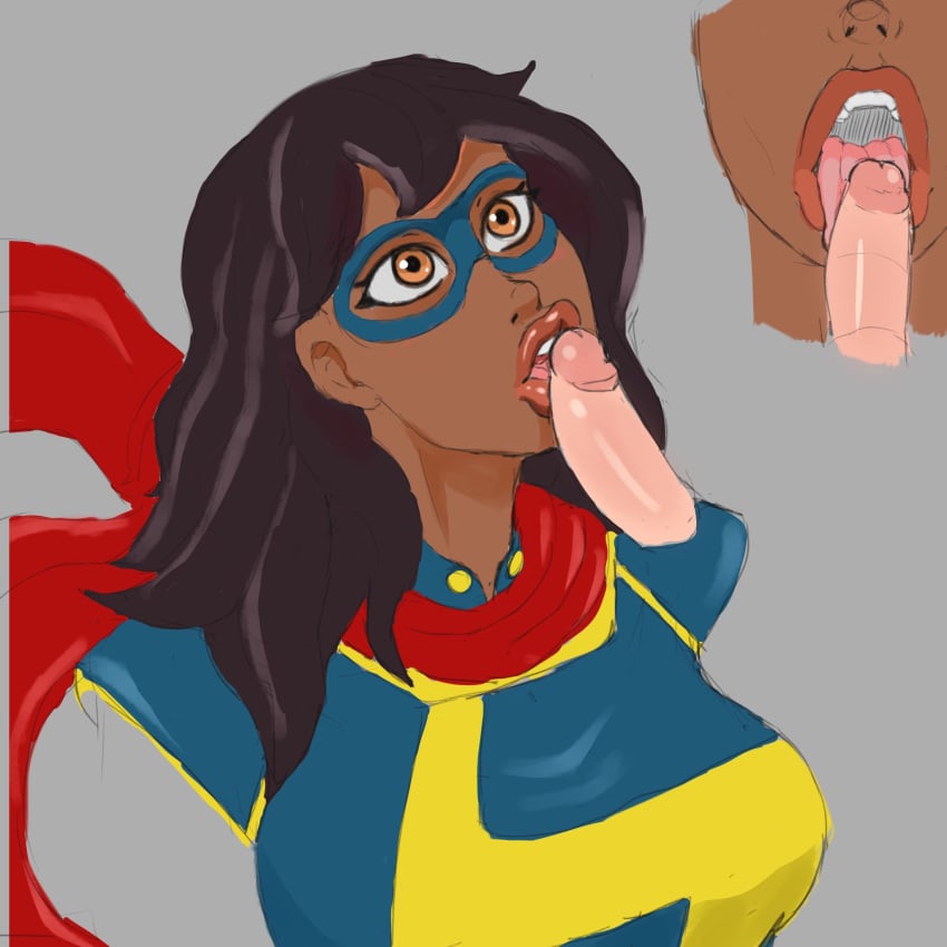 1boy 1girls black_hair blowjob brown_eyes dark-skinned_female dark_skin eyemask fellatio fully_clothed genitals human human_only interracial jumbogumbo kamala_khan licking light-skinned_male light_skin lipstick marvel mask medium_hair middle_eastern middle_eastern_female ms._marvel muslim muslim_female oral oral_sex pakistani pakistani_female penis penis_between_lips penis_on_tongue red_lipstick scarf straight superheroine teenager tongue tongue_out unseen_male_face