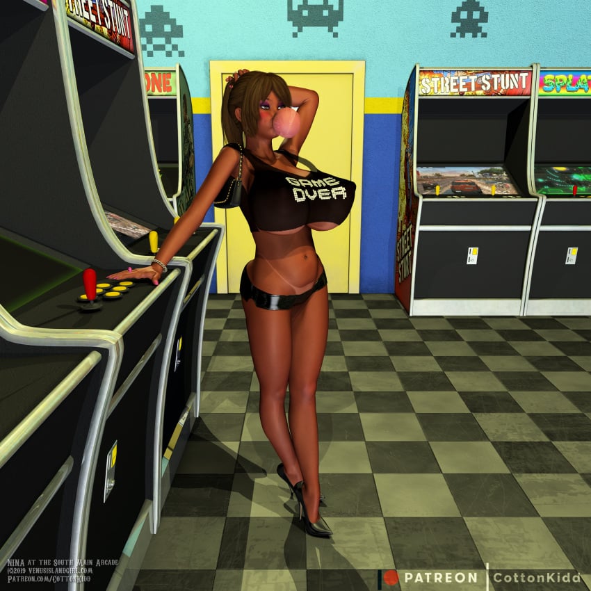 1girls 2019 3d arcade bag bare_shoulders beauty_mark big_breasts bimbo blush bracelet brown_eyes brown_hair bubblegum busty cottonkidd curvy denim denim_shorts detailed_background english_text erect_nipple erect_nipples eyelashes eyeshadow female female_only front_view ganguro gyaru high_heels hourglass_figure human indoor inside lipstick makeup microskirt midriff nail_polish nina_pequena nipple_bulge ponytail pose posing purse ring room shadow shiny shiny_skin short short_hair short_shorts space_invaders standing tan tan_skin tanline tanlines text tied_hair tube_top tubetop underboob voluptuous wide_hips