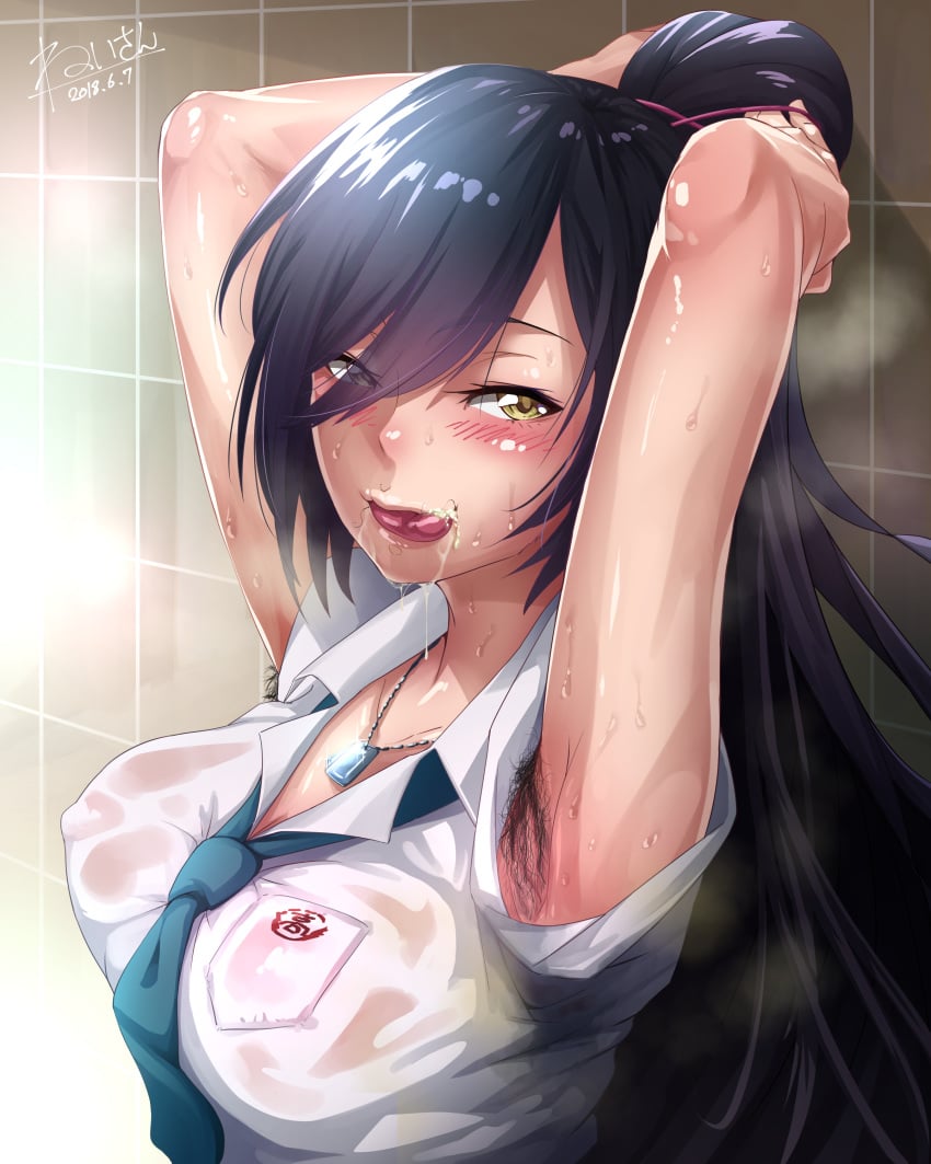 /// 2d adjusting_hair after_fellatio armpit_hair armpits arms_behind_head artist_signature bangs bathroom black_hair blush breasts checkered_wall cum cum_in_mouth dated dog_tags erect_nipples erect_nipples_under_clothes eyes_visible_through_hair fanbox_reward female hair_between_eyes hero_neisan high_resolution idolmaster large_breasts large_filesize licking_lips light-skinned_female light_skin long_hair looking_at_viewer naughty_face necktie nipples nose_blush paid_reward pale-skinned_female pale_skin ponytail saliva see-through shiny shiny_hair shiny_skin shirase_sakuya shirt solo steam steaming_body stray_pubic_hair sweat sweat_stain sweatdrop the_idolm@ster:_shiny_colors tied_hair tongue tongue_out upper_body very_high_resolution very_long_hair white_shirt yellow_eyes