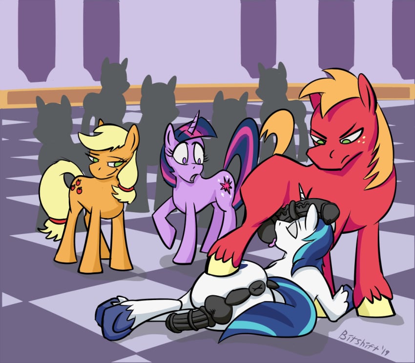 anus applejack_(mlp) ball_worship big_macintosh_(mlp) bitshift crowd fellatio friendship_is_magic furry group male male/male my_little_pony oral penile penis public sex shining_armor_(mlp) straight_hair twilight_sparkle_(mlp)