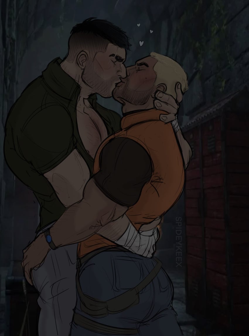 2boys bara barazoku beard blush clothing david_king dbd dead_by_daylight facial_hair gabriel_soma gay hairy hairy_chest jonarart_(artist) kissing male male/male male_focus male_only manly muscular_male solo_male tight_clothing yaoi