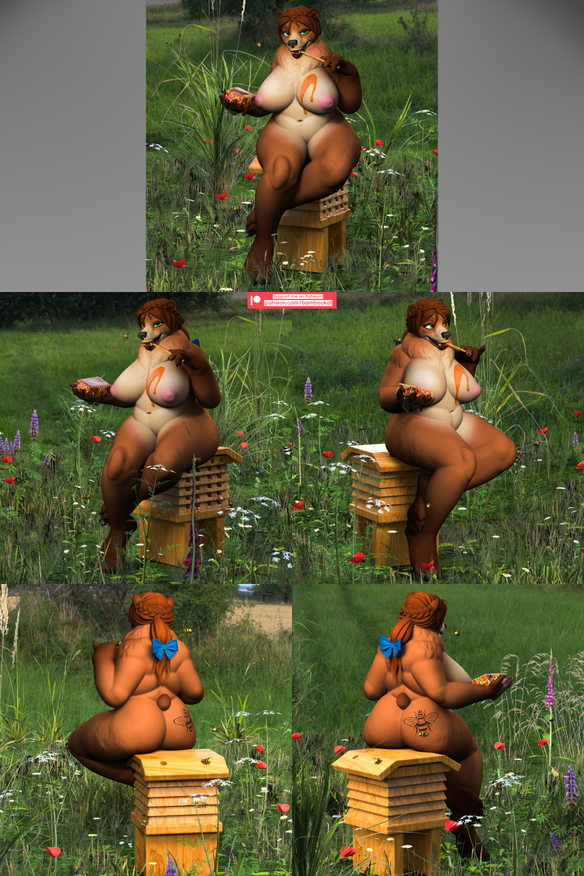 anthro bambookat bear bee claws female flower furry sitting solo