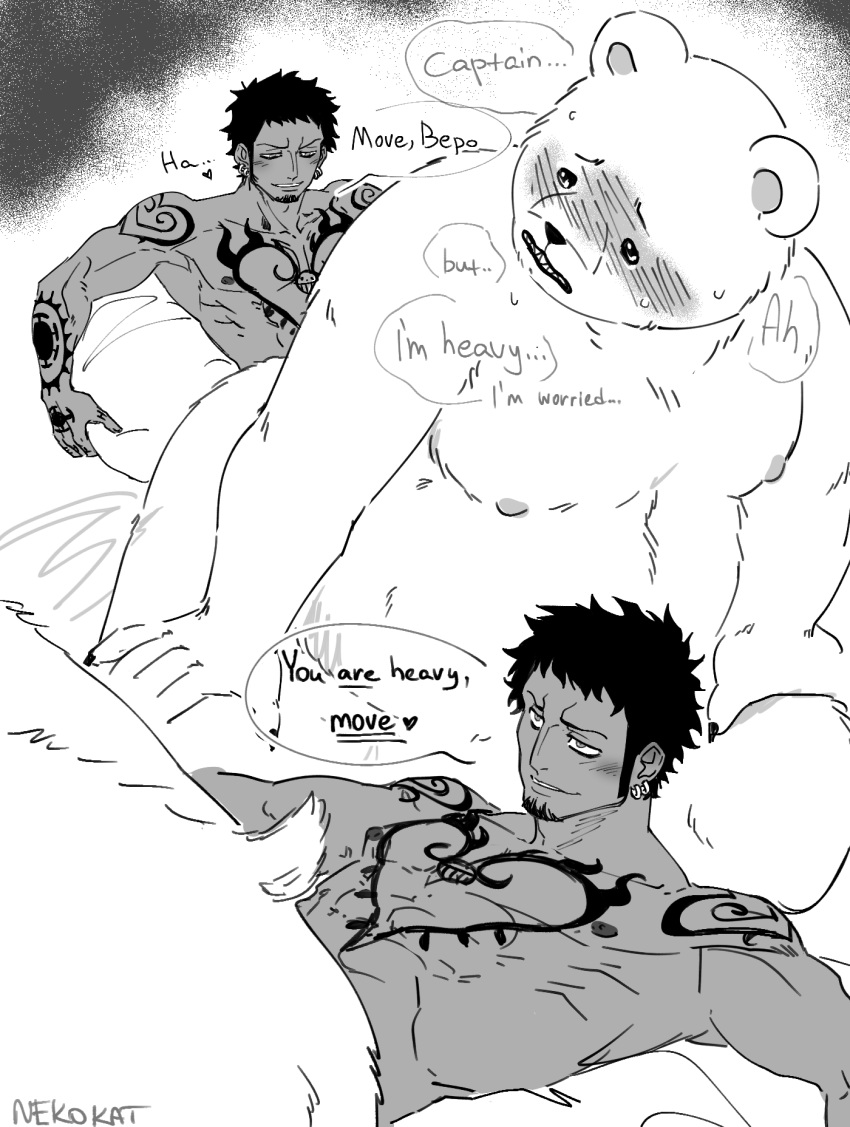 2024 anthro ass bear bepo blush hi_res human human_on_anthro interspecies male male/male male_only mammal minkmen_(one_piece) moobs nekokat42 nipples one_piece overweight overweight_male pillow polar_bear tattoo text trafalgar_law ursine