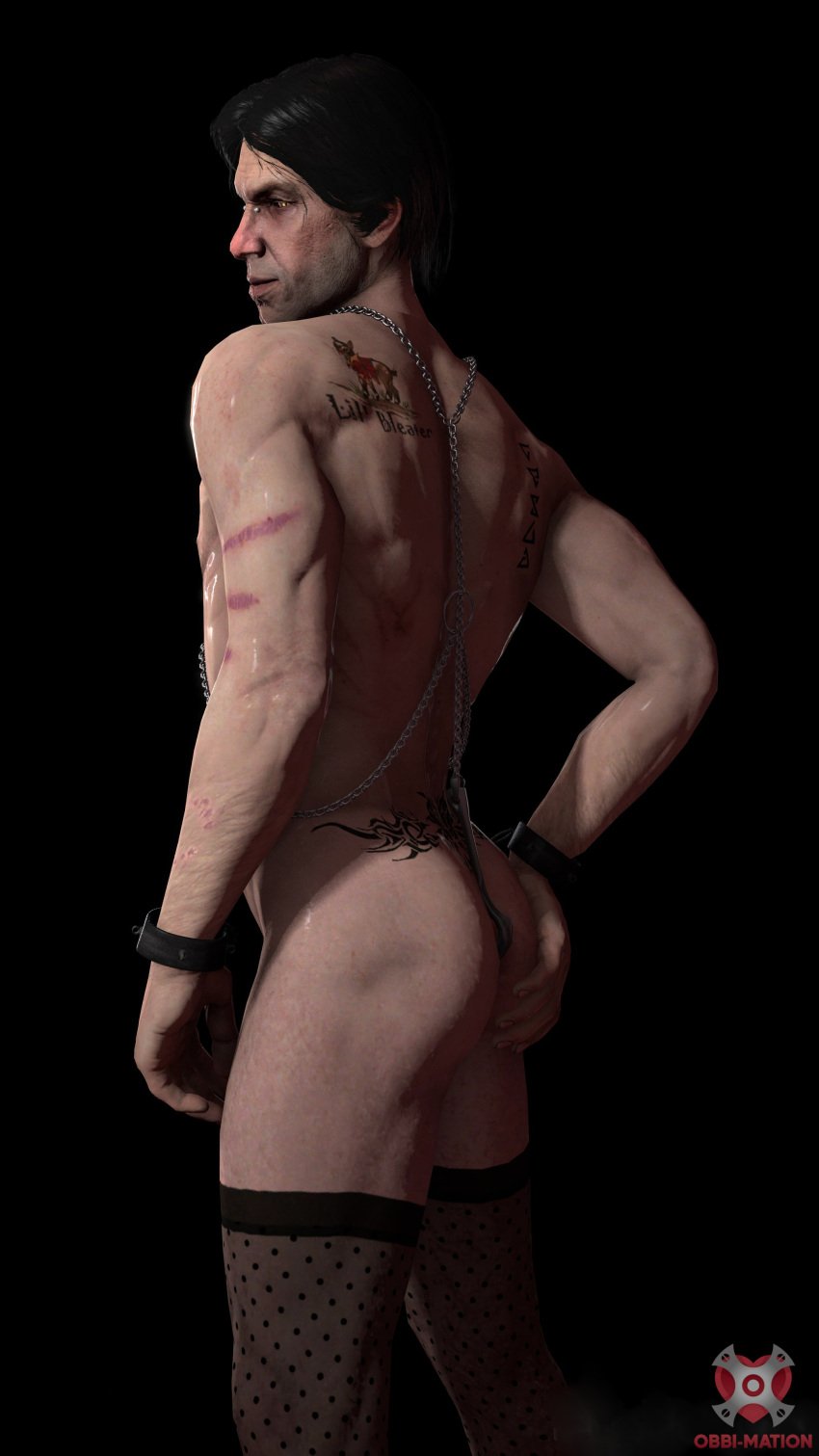 1boy 1human 1male 3d 3d_(artwork) 3d_model black_hair cd_projekt_red eskel hand_on_ass lingerie lingerie_only male male_focus male_only muscular obbi_mation skimpy_outfit solo solo_focus solo_male stockings stockings_thigh_highs tattooed_male tattoos the_witcher_(series) the_witcher_3:_wild_hunt yellow_eyes