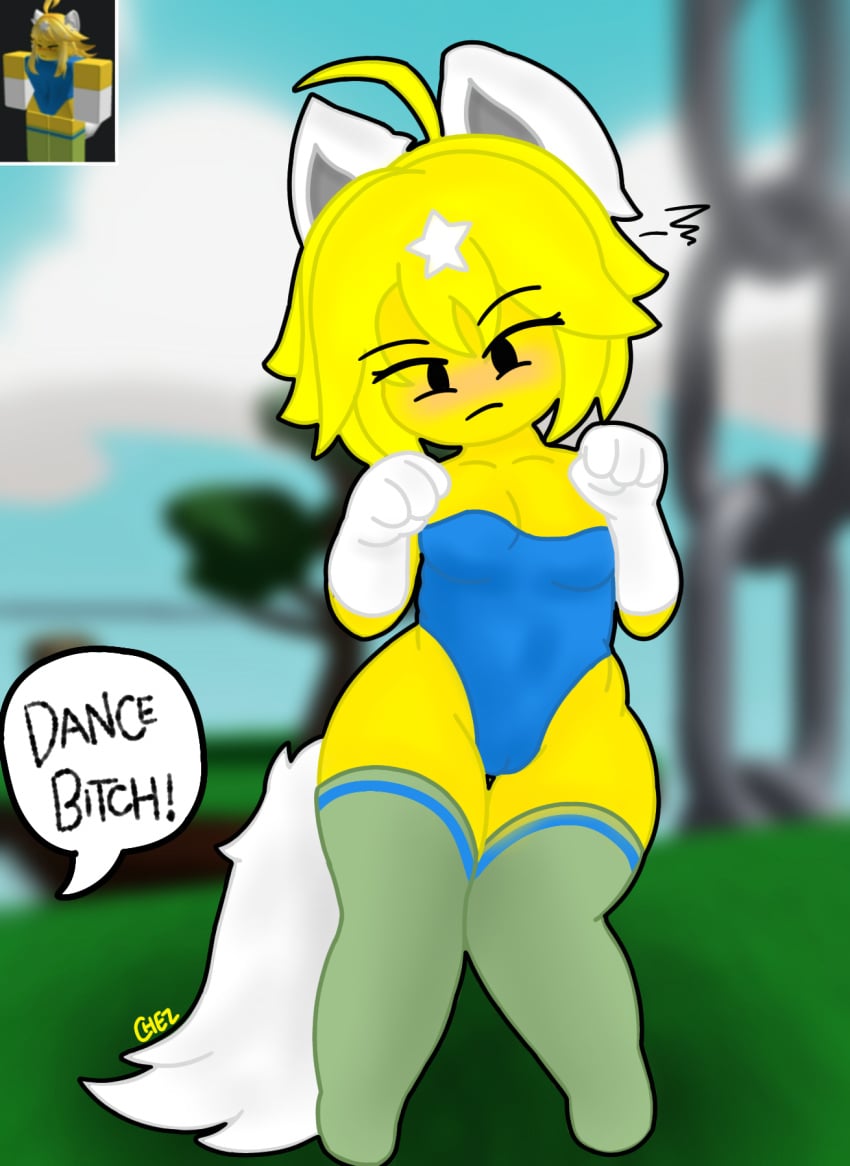 1girls angry_face artist_signature blue_bodysuit blush carla carla_roblox chez-arts embarrassed female forced_dancing furry furry_female furry_paws green_stockings noob reference_image roblox roblox_avatar roblox_game robloxian self_upload slap_battles tagme white_tail yellow_body yellow_hair