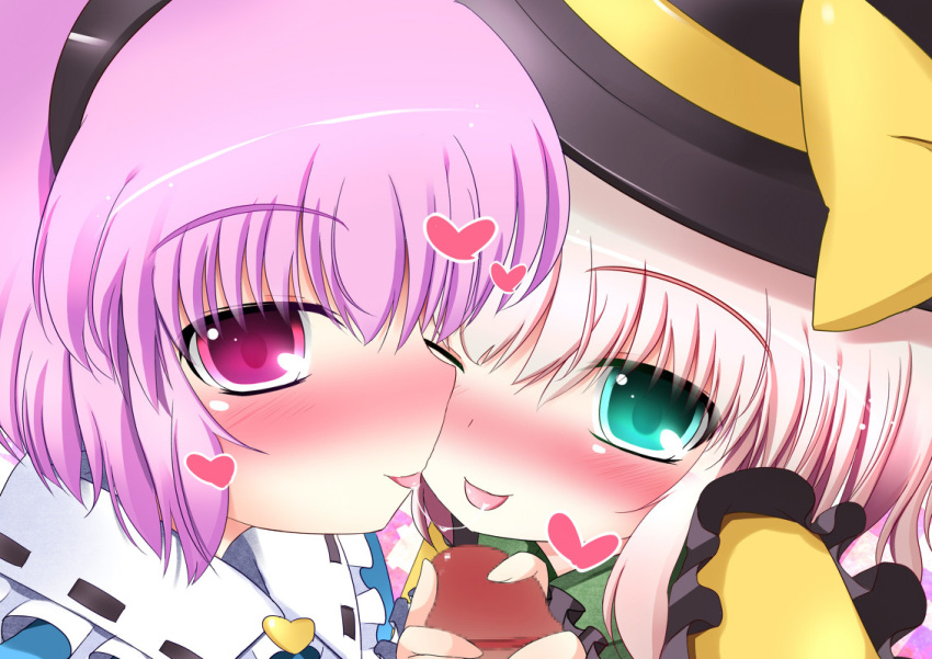 blush burujawa censored close-up duo_handjob face green_eyes hairband handjob hat heart koishi_komeiji multiple_girls multiple_penises penis pink_eyes pink_hair pixiv_manga_sample saliva saliva_trail satori_komeiji short_hair siblings silver_hair sisters straight_hair tongue touhou twin_handjob