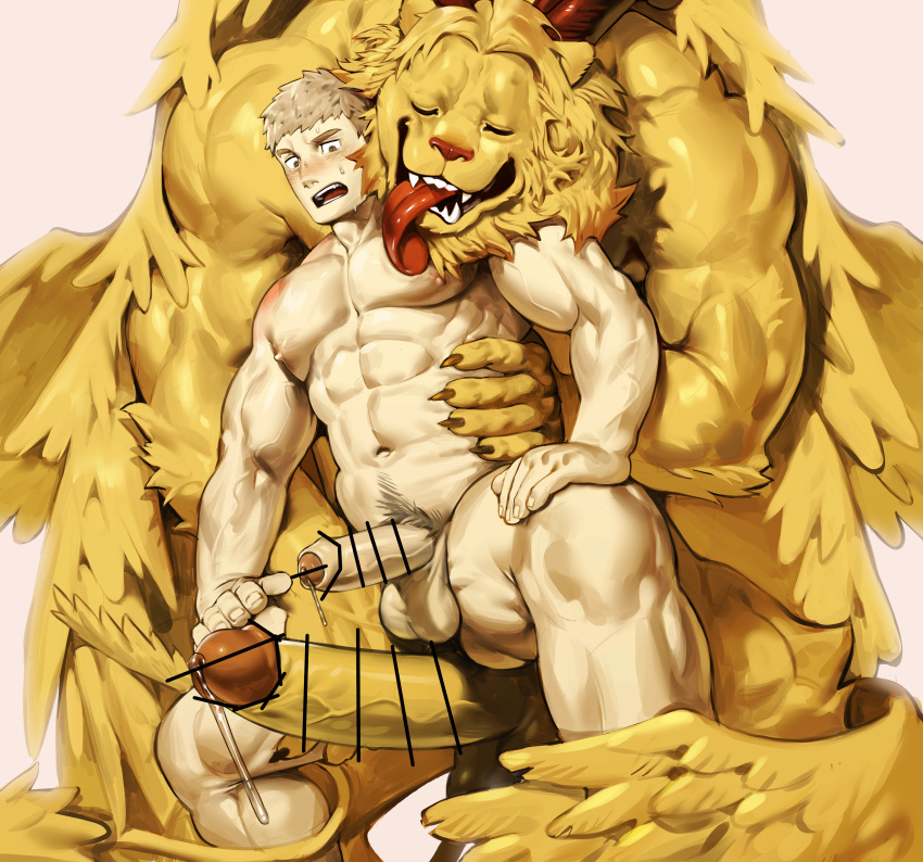 2boys abs absurdres bar_censor bara blonde_hair censored claws closed_eyes commentary completely_nude demon_horns dungeon_meshi english_commentary erection foreskin furry furry_with_non-furry gay hand_on_own_leg highres holding horns hug hug_from_behind huge_cock interspecies laios_touden large_pectorals licking licking_pectoral light_blush lion lion_boy male male/male male_focus male_only multiple_boys muscular muscular_male navel navel_hair nipples nude pectorals penis penis_size_difference precum size_difference stomach strongman_waist surprised uza_(hellme) winged_lion_(dungeon_meshi) wings yaoi yellow_eyes