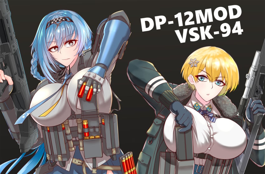 2girls ammunition ammunition_pouch arm_up armor belt black_background black_gloves black_jacket blonde_hair blue_belt blue_eyes blue_hair blue_necktie blue_skirt bow bowtie braid braided_ponytail breasts character_name collared_shirt dp-12_(girls'_frontline) dp-12_(mod3)_(girls'_frontline) fingerless_gloves fur-trimmed_jacket fur_trim gauntlets girls'_frontline gloves grey_eyes gun hair_between_eyes hair_ornament hairband highres holding holding_gun holding_magazine_(weapon) holding_weapon impossible_clothes impossible_shirt inconvenient_breasts jacket large_breasts load_bearing_vest long_hair long_sleeves looking_at_viewer magazine_(weapon) mole mole_under_eye multiple_girls necktie open_clothes open_jacket parted_lips pouch pump_action reloading scope shimogami_migihidari shirt shirt_tucked_in short_hair shotgun shotgun_shell sidelocks simple_background single_fingerless_glove skirt snap-fit_buckle snowflake_hair_ornament standard_manufacturing_dp-12 standing striped_bow striped_bowtie striped_clothes tactical_clothes trait_connection upper_body vsk-94 vsk-94_(girls'_frontline) weapon white_shirt