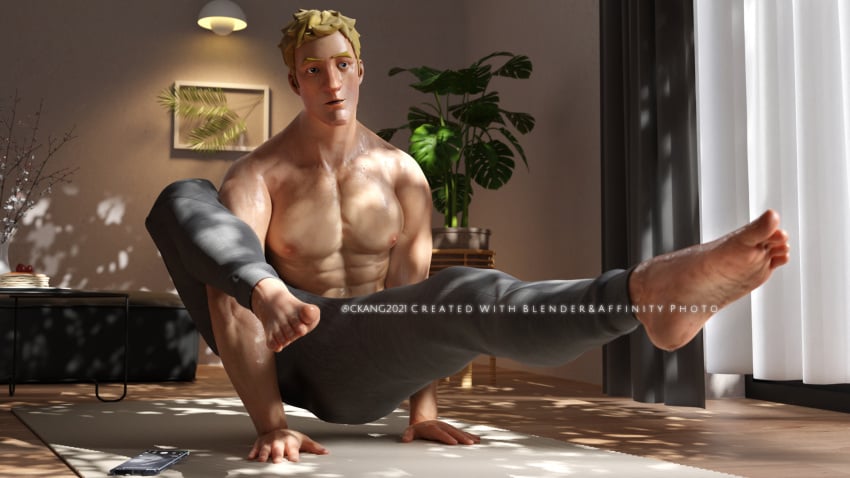 3d 3d_(artwork) 3d_model bara bara_tiddies bara_tits barefoot blonde_hair blue_eyes caucasian ckang2021 epic_games feet fortnite indoors jonesy_(fortnite) light-skinned_male light_skin male male_focus male_pov masculine nonsexual solo solo_focus solo_male sweaty sweaty_body sweaty_male yoga yoga_pants yoga_pose