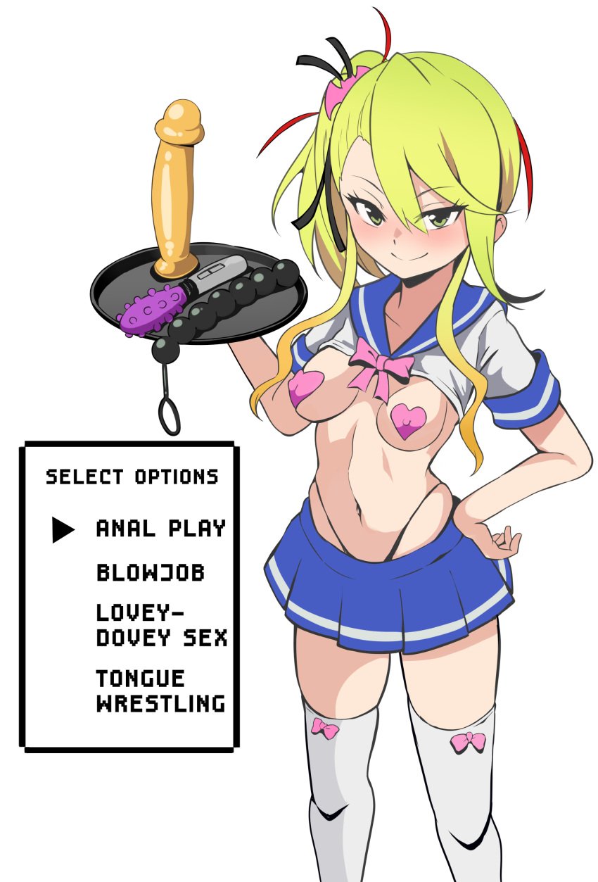 1girls black_ribbon blonde_hair blue_skirt blush deathpolca demons_roots dildo feet_out_of_frame female female_only heart_pasties holding_plate imminent_anal imminent_sex looking_at_viewer midriff nipple_bulge options pasties plate ponytail rpg selection_menu short_skirt side_ponytail simple_background small_breasts smile thighhighs verseir_001 vibrator white_background white_thighhighs yellow_eyes