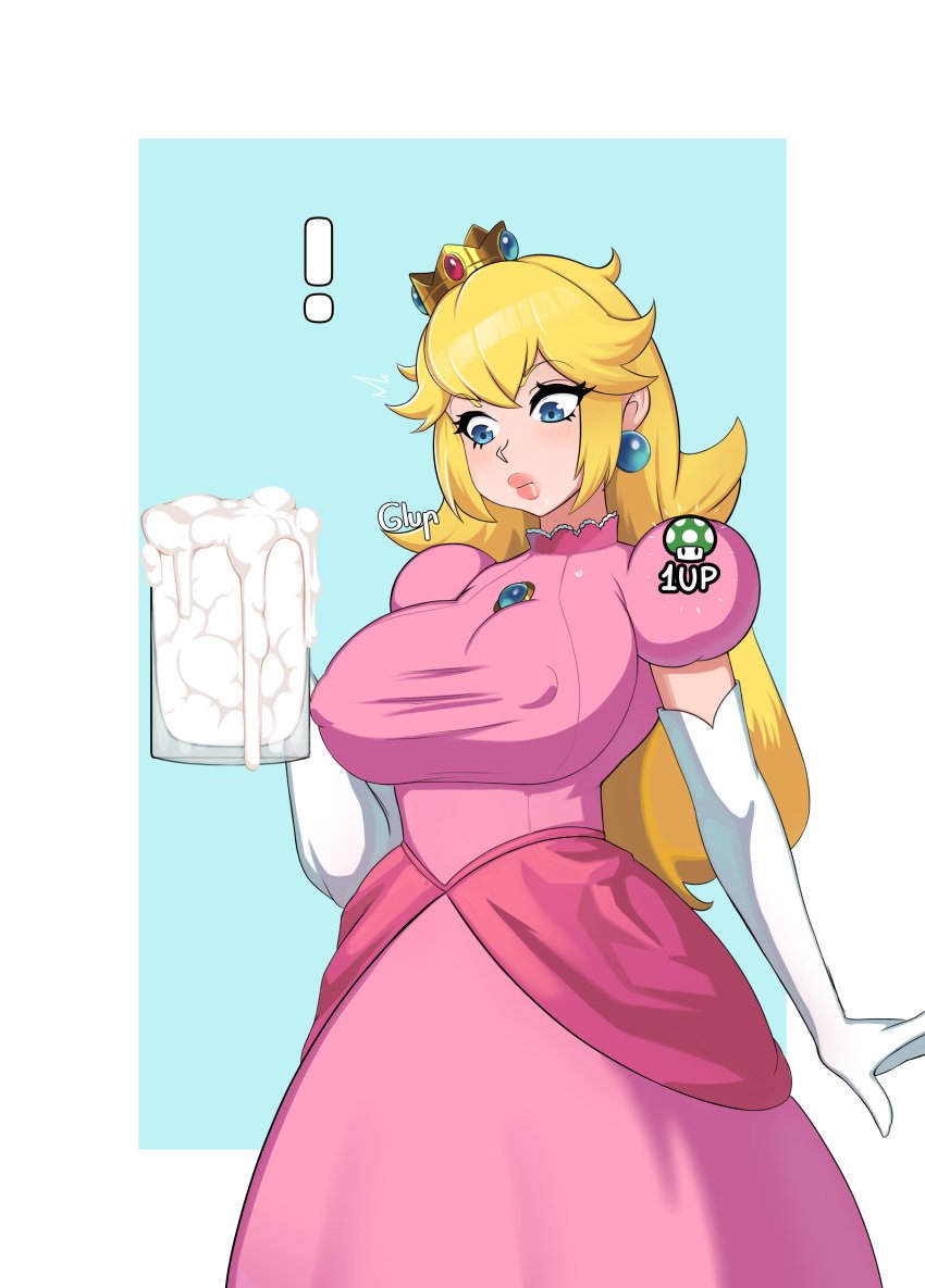1girls 1up blonde_hair blue_eyes breast_expansion breasts cum cum_in_container drinking_cum english_text female female_only gameplay_mechanics gokkun hi_res large_breasts long_hair mario_(series) nintendo princess_peach redshyheart simple_background super_mario_bros. thick_thighs wide_hips