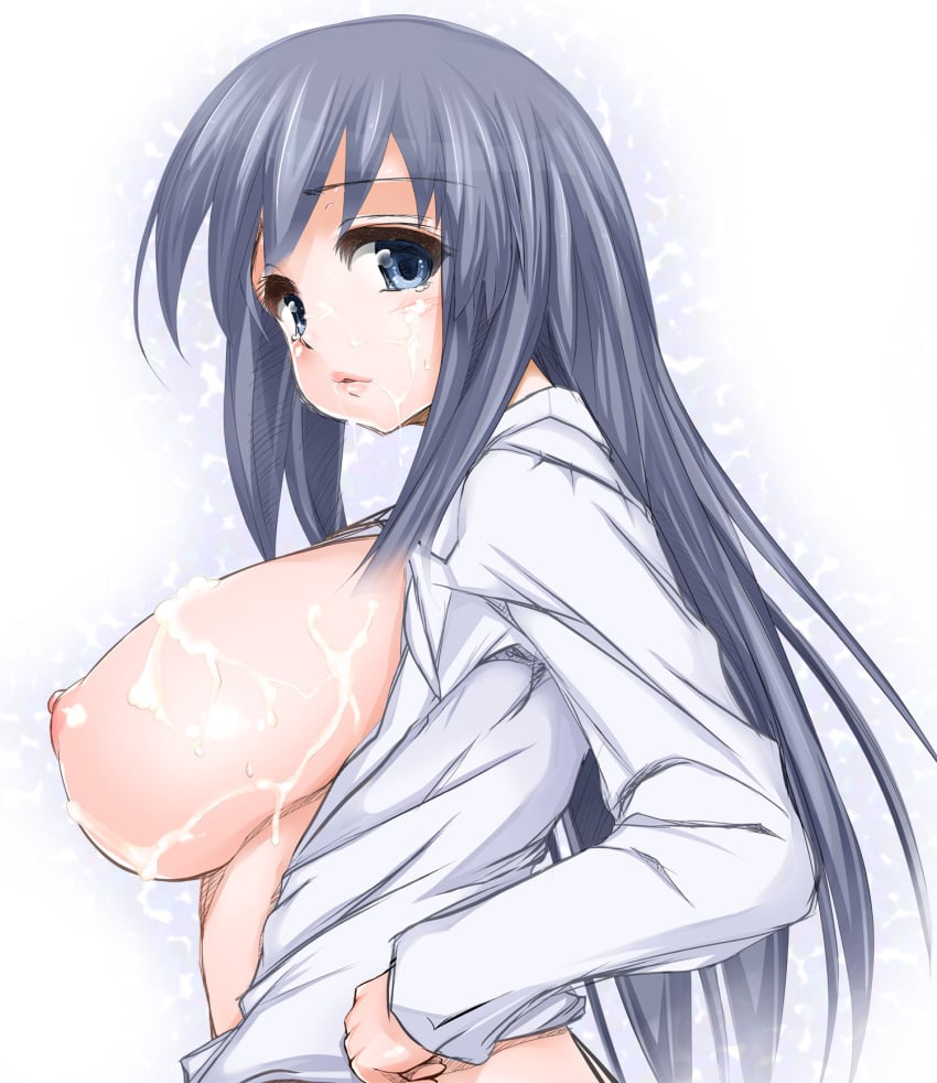 blue_eyes blush breasts cum cum_on_body cum_on_breasts cum_on_upper_body efg facial female female_only grey_hair highres human human_only k-on! large_breasts long_hair mio_akiyama_(k-on!) nipples open_clothes open_shirt power_of_two puffy_nipples shirt sideboob sketch solo straight_hair tears white_background