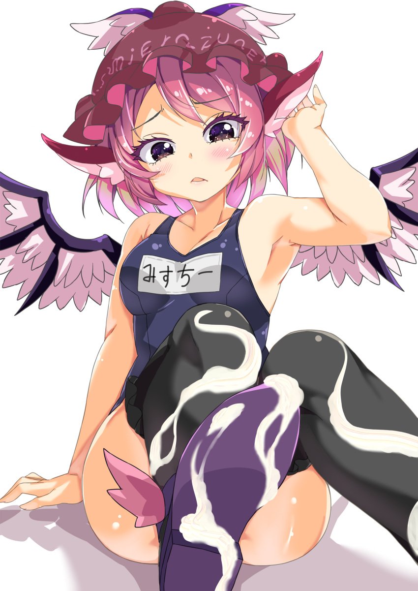 animal_ears armpits ass bare_arms bare_shoulders bird_ears bird_wings black_footwear black_one-piece_swimsuit black_thighhighs blush breasts brown_eyes brown_headwear cum female hat highres medium_breasts mystia_lorelei name_tag one-piece_swimsuit open_mouth pink_hair porurin school_swimsuit shoes short_hair simple_background sitting solo swimsuit thighhighs touhou white_background white_wings winged_footwear winged_hat wings