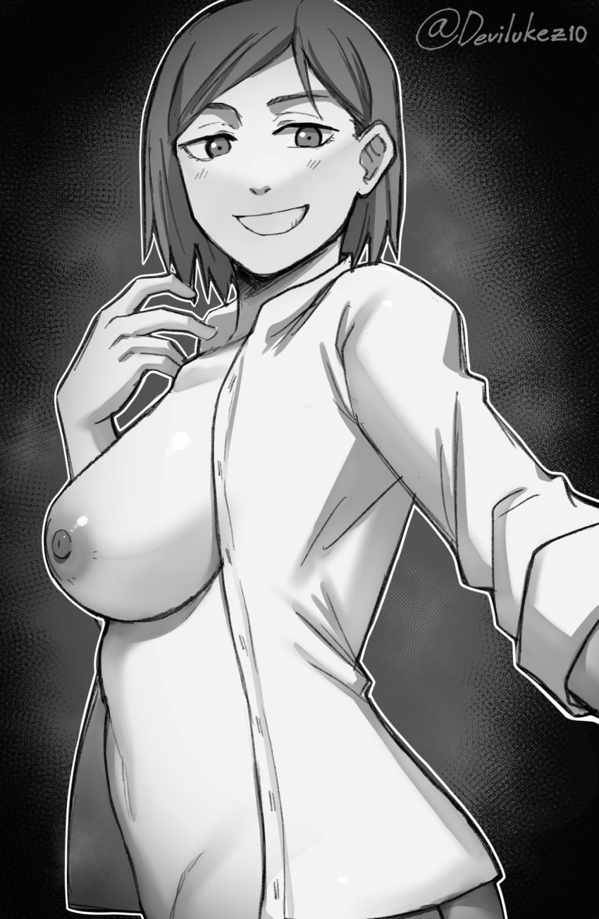 1girls bare_midriff breasts devilukez female female_only greyscale jujutsu_kaisen kugisaki_nobara large_breasts long_sleeves looking_at_viewer midriff monochrome naked_shirt nipples nude nude_female open_clothes open_shirt reaching_out reaching_towards_viewer shirt short_hair solo