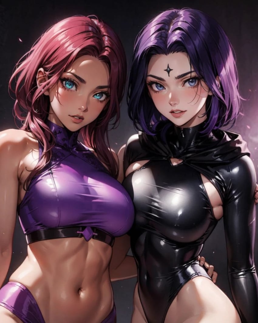 2girls ai_generated alien_humanoid big_breasts breast_press dc dc_comics female_focus female_only goth goth_girl hand_around_waist koriand'r purple_hair rachel_roth raven_(dc) red_hair starfire superheroine teen_titans tight_clothing zzzramok