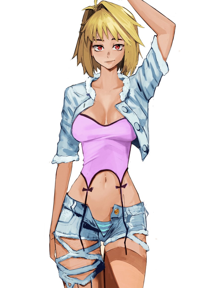 1girls arcueid_brunestud big_breasts blonde_hair cleavage corset crop_top hi_res jacket jean_jacket jean_shorts looking_at_viewer lowleg minishorts navel one_arm_up prostitute_clothes red_eyes revealing_clothes ribbons ripped_clothing ripped_shorts short_hair shorts smirk solo striped_panties tan_body tefiblum top tsukihime type-moon underwear unzipped