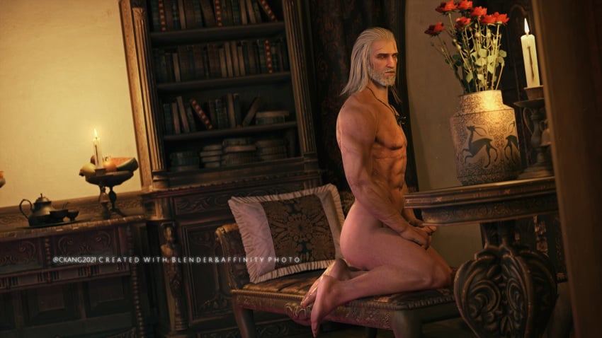 1boy 1human 1male 3d 3d_(artwork) 3d_model cd_projekt_red ckang2021 erect_penis erection geralt_of_rivia indoor_nudity indoors male male_focus male_only muscles muscular muscular_male scars_on_body solo solo_focus solo_male tender the_witcher_(series) the_witcher_3:_wild_hunt white_hair yellow_eyes