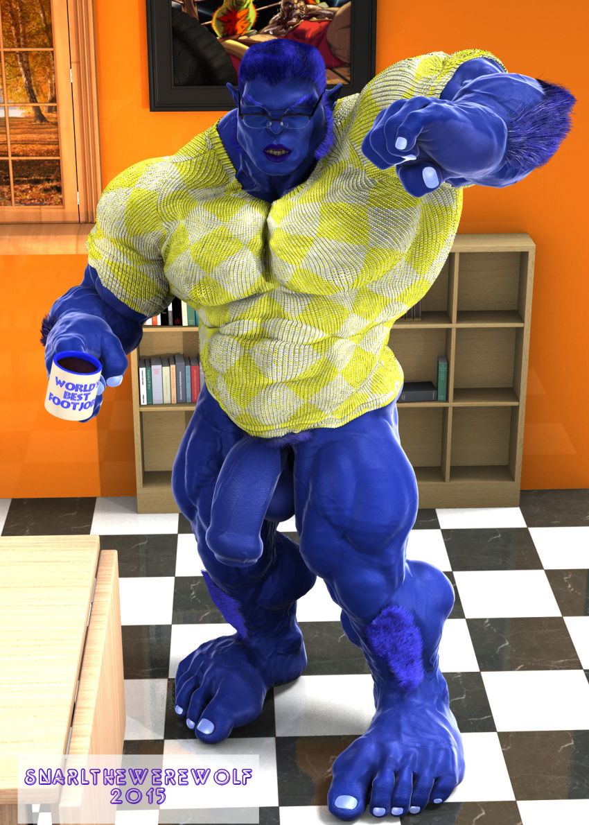 3d 3d_(artwork) anthro balls bara beast_(x-men) big_penis blue_body bottomless closed_eyes flaccid furry glasses hank_mccoy male male_only marvel marvel_comics mug muscles muscular pantsless penis shirt snarlthewerewolf solo solo_male x-men