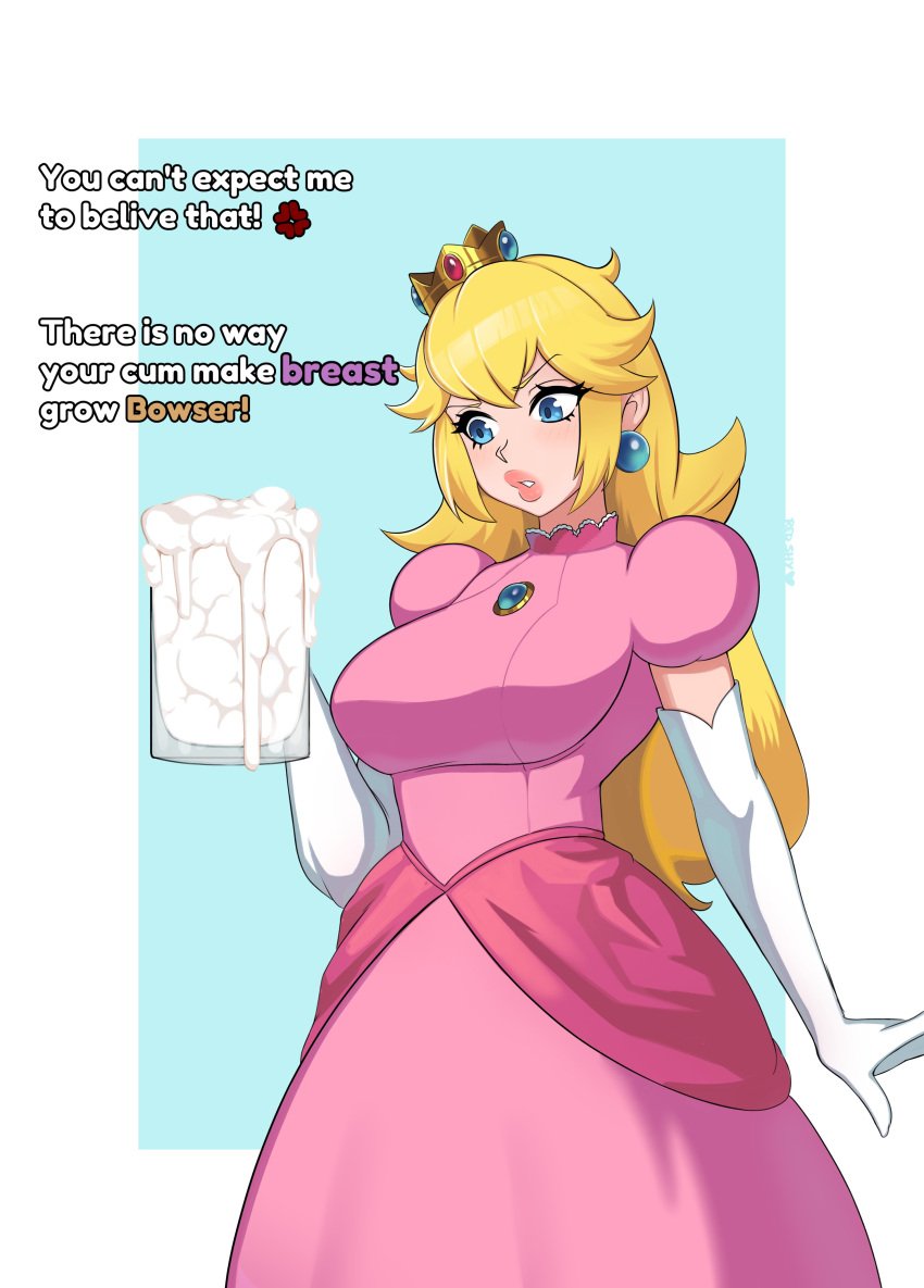 1girls blonde_hair blue_eyes breast_expansion breasts cum cum_in_container drinking_cum english_text female female_only gokkun hi_res large_breasts long_hair mario_(series) nintendo princess_peach redshyheart text thick_thighs wide_hips