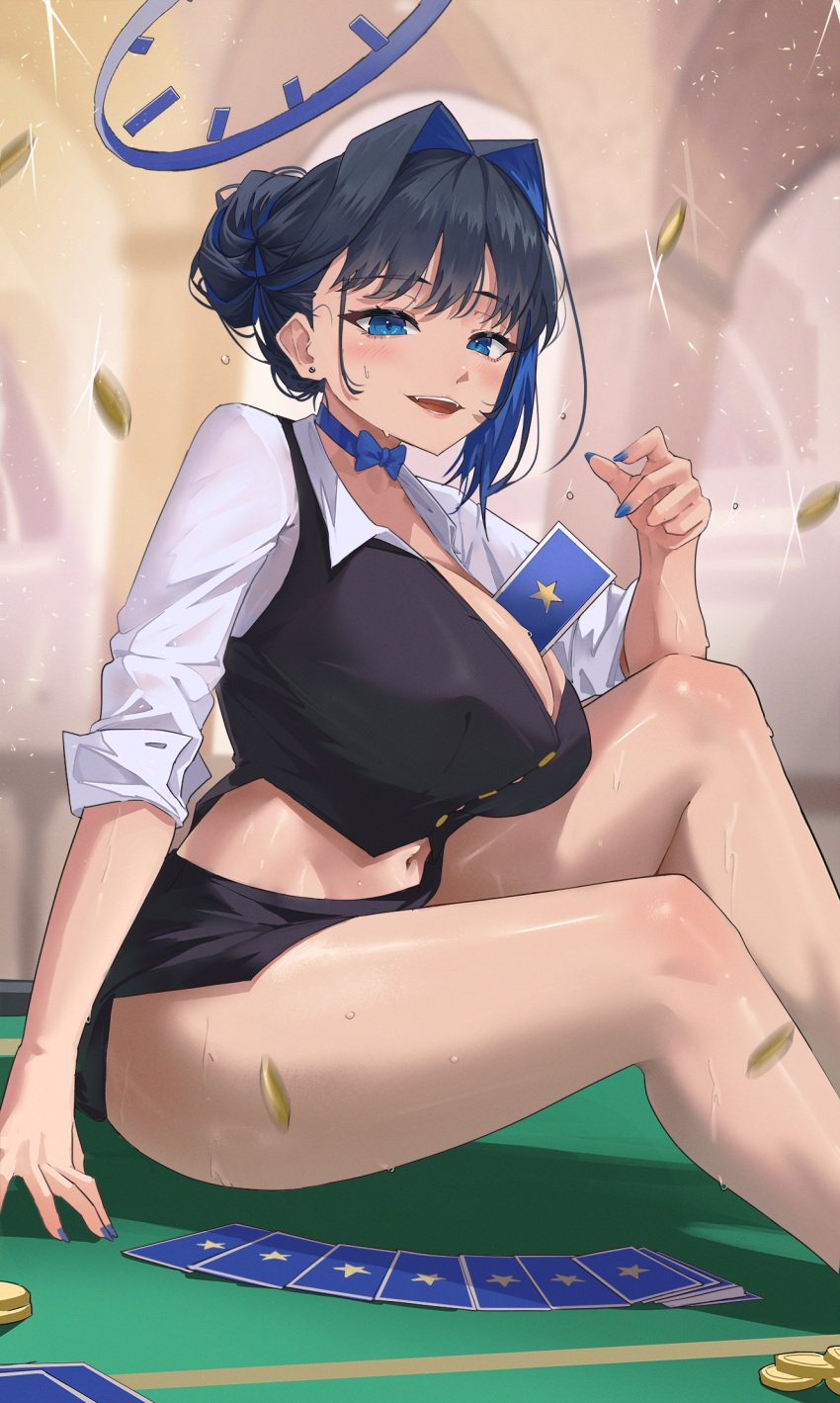 1girls archinoer blue_eyes blue_hair breasts casino cleavage female hololive hololive_english hololive_english_-council- hololive_english_-promise- huge_breasts indoors light-skinned_female light_skin naughty_face ouro_kronii short_hair virtual_youtuber