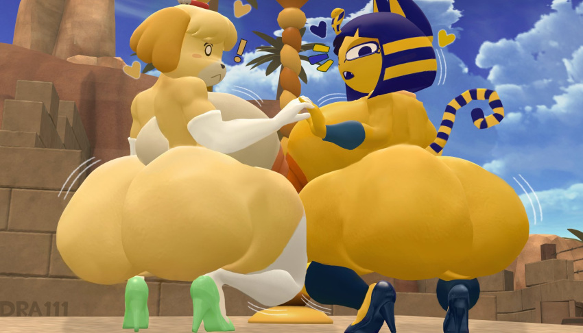 2023 2girls 3d animal_crossing ankha ankha_(animal_crossing) anthro ass ass_clapping bangs big_ass big_breasts big_butt breasts clapping clapping_ass clapping_cheeks dra111_(artist) dragon316 duo fat_ass furry high_heels huge_ass isabelle_(animal_crossing) source_filmmaker