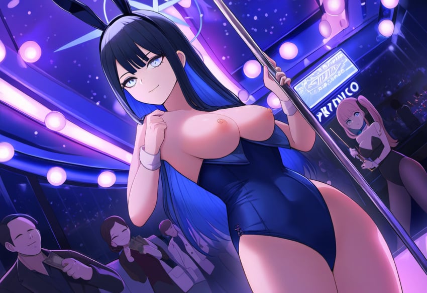 ai_generated arius_satellite_school_student arius_squad_(blue_archive) bare_legs bare_shoulders black_hair blue_archive blue_eyes blue_halo blue_leotard breasts breasts_out exotic_dancer fake_rabbit_ears female_focus from_below hand_on_own_chest light_smile long_hair looking_away medium_breasts money nightclub nipples people_in_background playboy_bunny pole_dancer pole_dancing saori_(blue_archive) strip_club stripper stripper_pole strippers stripping wrist_cuffs