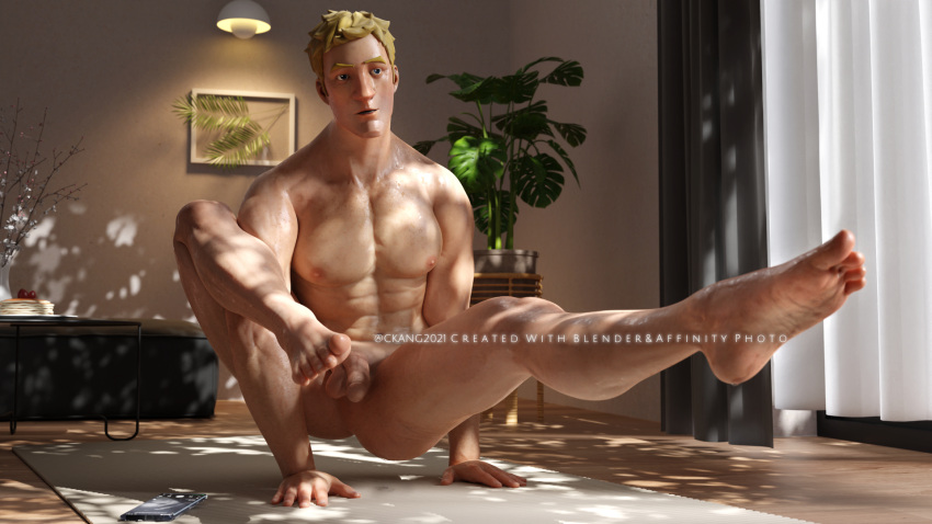 3d 3d_(artwork) 3d_model bara bara_tiddies bara_tits barefoot blonde_hair blue_eyes caucasian ckang2021 epic_games feet flaccid flaccid_cock flaccid_penis fortnite indoor_nudity indoors jonesy_(fortnite) light-skinned_male light_skin male male_focus male_pov masculine naked_yoga nonsexual nonsexual_nudity solo solo_focus solo_male sweaty sweaty_body sweaty_male yoga yoga_pose