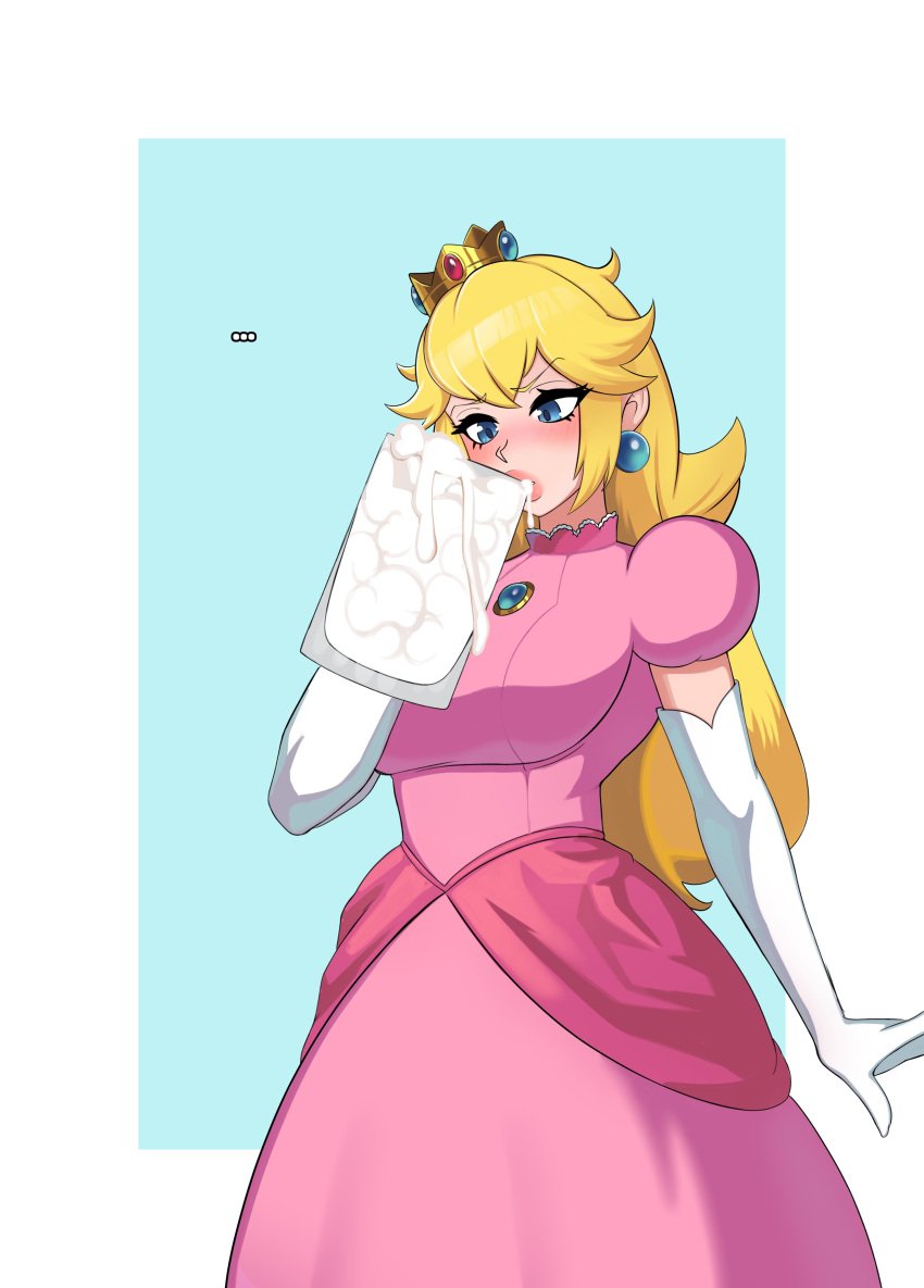 1girls blonde_hair blue_eyes breast_expansion breasts cum cum_in_container drinking_cum english_text female female_only gokkun hi_res large_breasts long_hair mario_(series) nintendo princess_peach redshyheart thick_thighs wide_hips