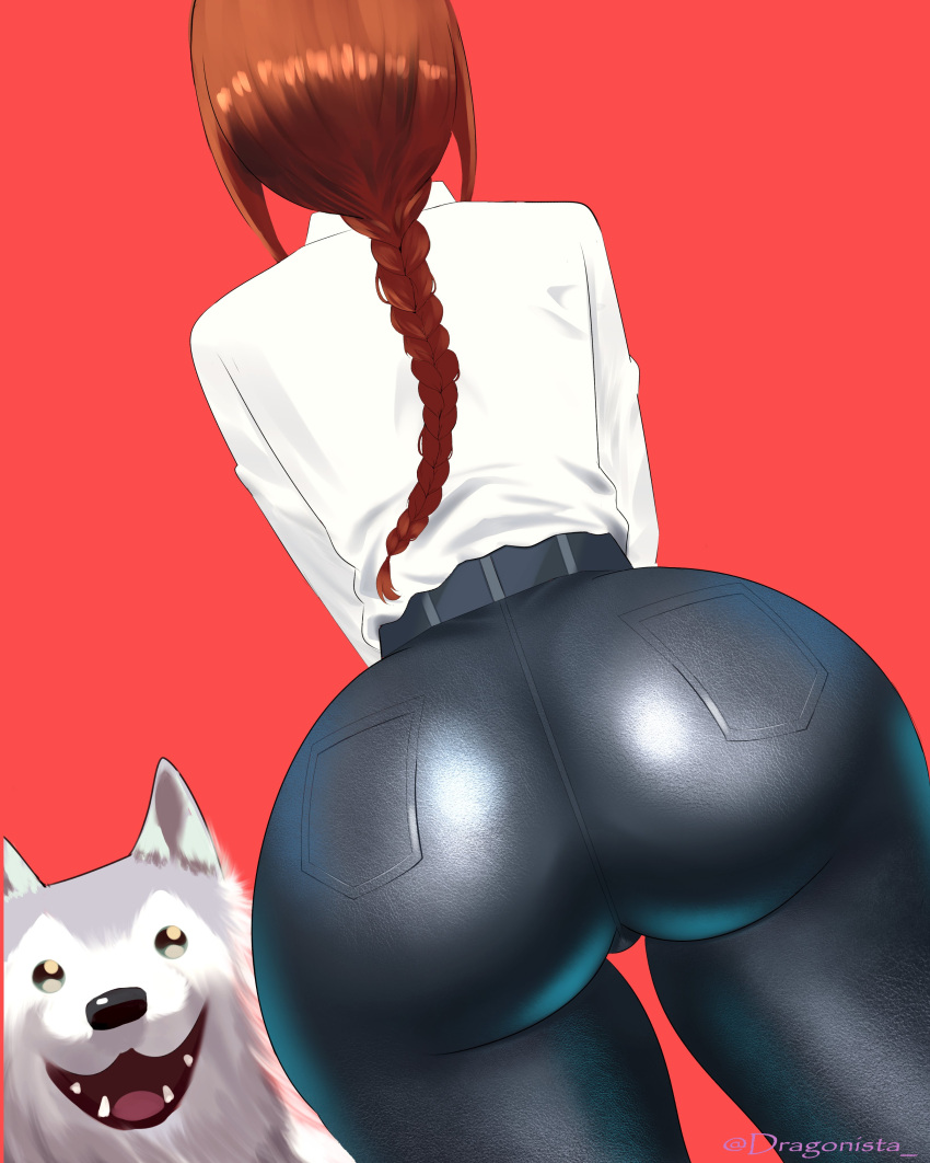 1girls ass back back_view belt big_ass black_pants bottomwear braid bubble_ass bubble_butt canine chainsaw_man clothing dat_ass dragonista_ female female_focus hair huge_ass large_ass makima_(chainsaw_man) makima_dogs pants red_hair shirt thick_thighs thighs topwear white_shirt