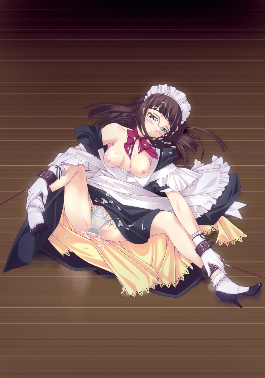 1girls after_rape after_sex bondage breasts brown_hair censored creampie cum f-ism female female_focus female_human female_only glasses green_eyes green_panties heels high_heels highres human human_female human_focus human_only looking_at_viewer maid murakami_suigun nipples no_visible_genitalia on_back original panties restrained solo solo_female solo_focus spread_legs straight_hair underwear