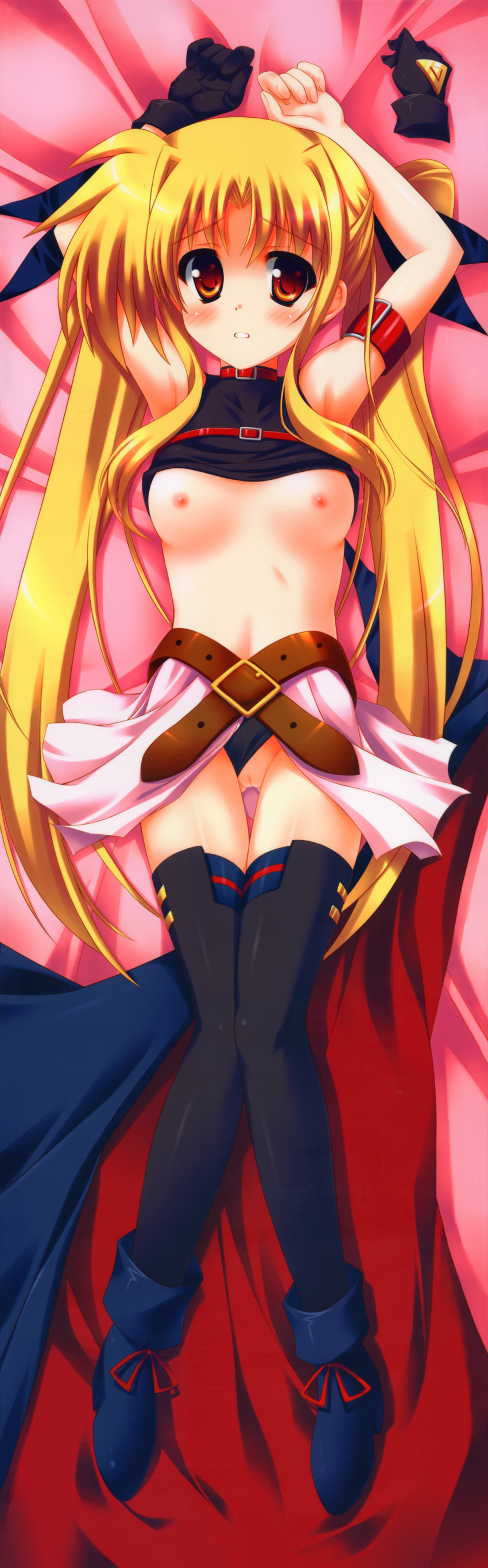 1girls arms_up belt black_panties blonde_hair blush choker dakimakura fate_testarossa female female_only gloves high_resolution human kouzuki_hajime long_hair lying lyrical_nanoha mahou_shoujo_lyrical_nanoha nipples on_back panties panties_aside pussy red_eyes scan shirt_lift solo straight_hair thighhighs tied_hair twintails uncensored underwear very_long_hair